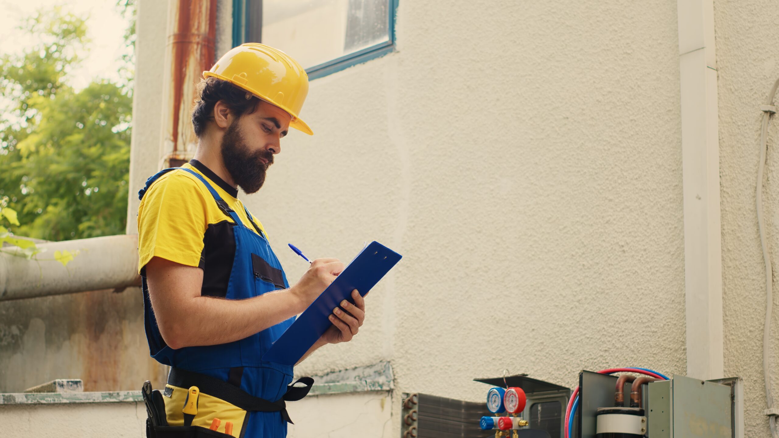 Trained engineer contracted by home owner to detect condenser issues, writing down on clipboard real-time superheat and subcooling values measured by pressure measurement device